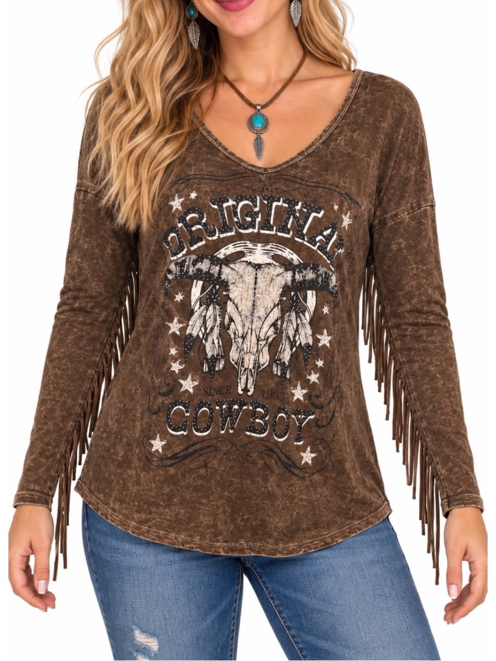 Vocal Brown mineral-washed Western-style long-sleeve top, Medium